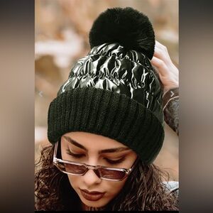 Hunter Green Metallic Pom-Pom Beanie w/Fleece Lining Puffer